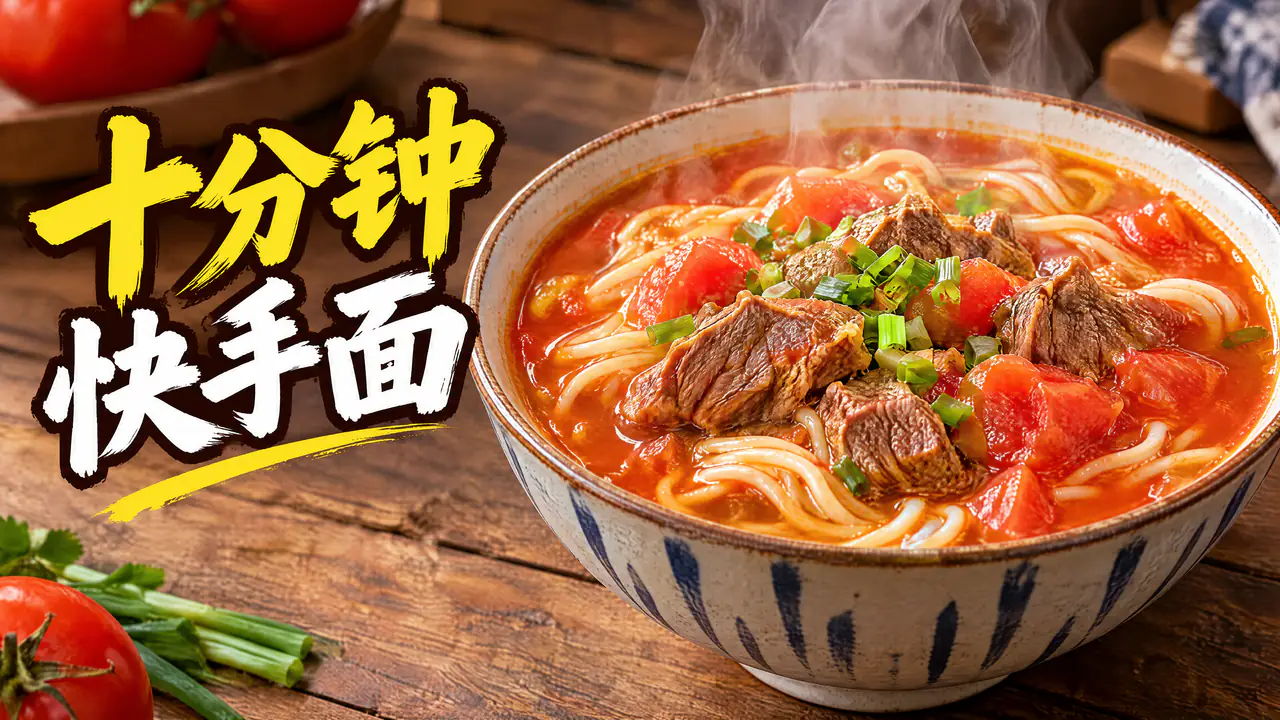 Miniature de vidéo culinaire en 16:9 générée par IA, avec un bol fumant de nouilles au bœuf et à la tomate sur une table en bois et un grand titre chinois, « 十分钟快手面 », à gauche